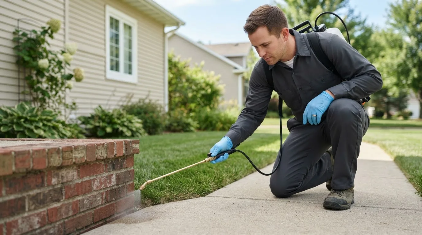 Pest control technician treating a home near Nocona, TX