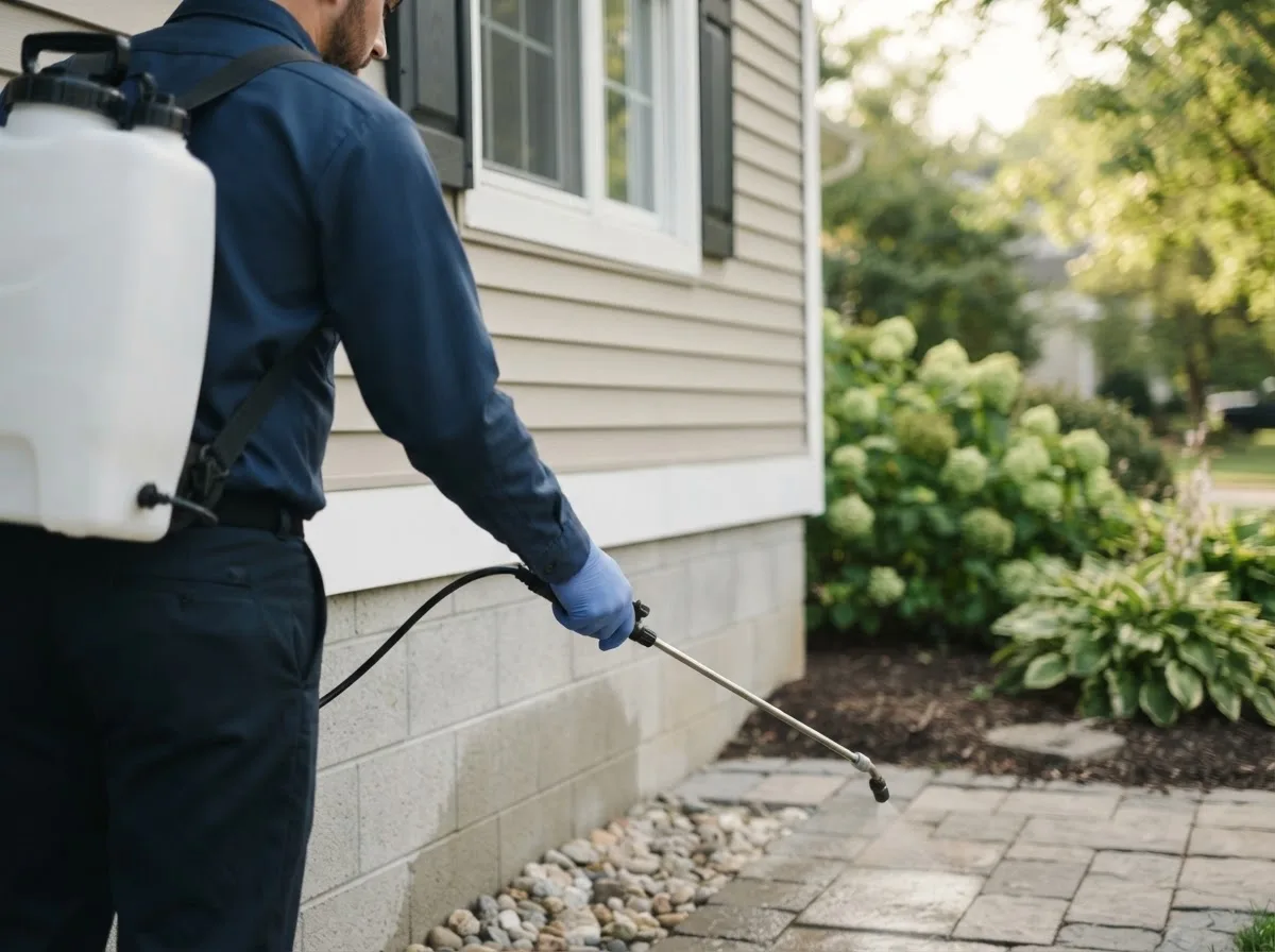 Pest control technician inspecting a home in Nocona, TX